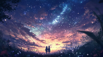 Fototapeta premium A vast, open sky filled with countless shimmering stars and a glowing aurora, holding observers in awe and silence. 