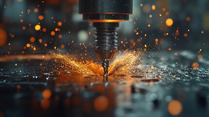 High-speed drill and tap machinery creating sparks and precision cuts in a workshop
