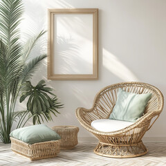 Fototapeta premium Coastal Bohemian Interior Mockup with Blank Frame and Rattan Furniture 03