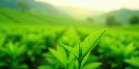 Obraz premium Vibrant Green Leaf Emerging in a Lush Field of Plants at Sunrise