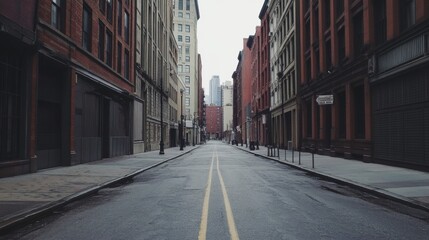 Fototapeta premium Empty city street with tall buildings on both sides.