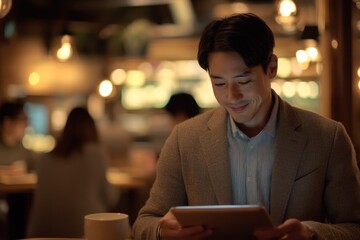 Man using tablet in cozy café with warm lighting