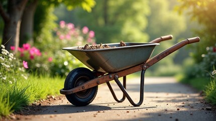 Garden wheelbarrow loaded with soil on a sunny garden path surrounded by blooming flowers

