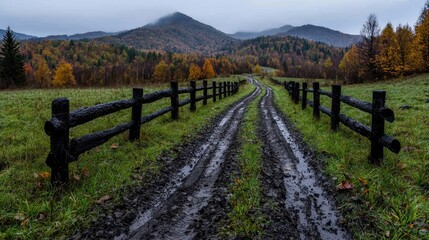 Naklejka premium Autumn mountain road, muddy track, misty hills, fall foliage, scenic landscape, travel photography