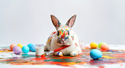 Colorful Easter Bunny with Painted Eggs and Brush Celebrating Spring Artistry