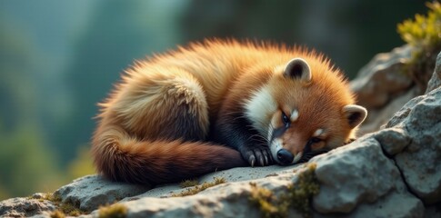 Soft and fluffy wolverine curled up on a rocky outcropping, isolated, scenery