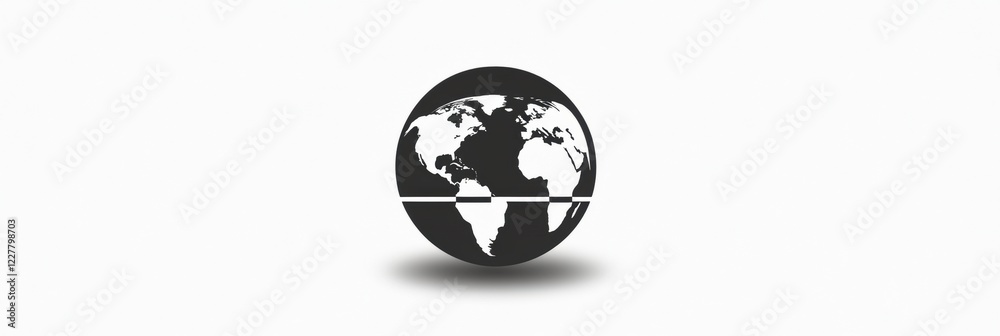 Poster stylized globe graphic showcasing world continents in black and white design on light background. ge