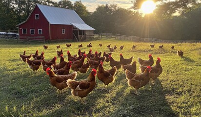 Flock of Chickens in Sunny Farmyard, Rustic, Red Barn Background
