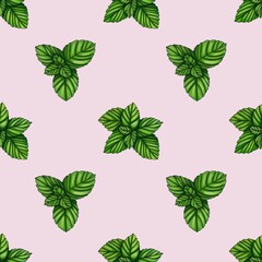 Obraz premium Seamless Pattern Leaves Mint Small Design on Pastel Pink Background