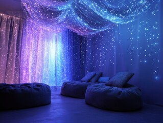 Cozy Relaxation Space with Starry Night Atmosphere and Soft Lighting
