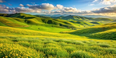 Obraz premium Rolling hills with vibrant green and yellow wildflowers in a sunny meadow