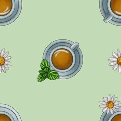 Seamless Pattern Mint Tea and Chamomile Tea with Chamomile Big Design on Pastel Green Background