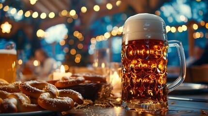 Two mugs of beer with pretzel on the background of the Christmas tree