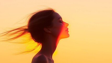 Light of Renewal, a woman's silhouette illuminated by vibrant sunrise colors, representing hope and new beginnings amidst a serene landscape.