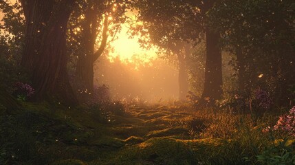 Golden Hour in the Enchanted Forest: A Digital Painting of Serene Nature