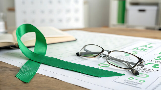 World glaucoma week symbolism with green ribbon on desk.