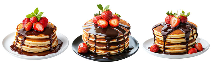 Set of Close-up of decadent pancakes stacked high, stuffed with fresh strawberries and rich chocolate filling on transparent png background. Ai generated