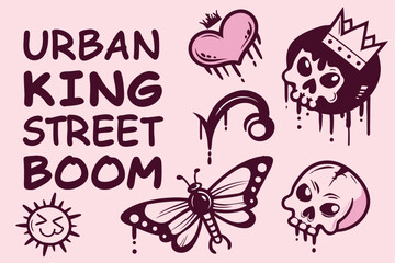 Graffiti icons, urban street art, pink and black color scheme, dripping paint effect, punk aesthetic, skull motif, heart symbol, butterfly design, scorpion silhouette, smiley faces, crown icon, animal