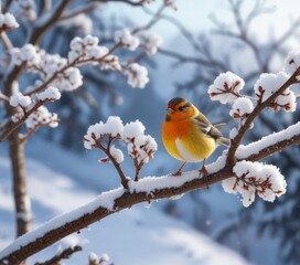 Obraz premium Perched on a branch of a small tree in the snowy environment, tree, bird's eye view