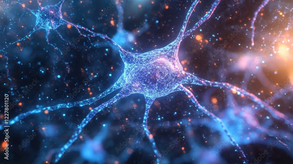Poster complex network of interconnected neurons transmitting electrical signals across synapses, forming t