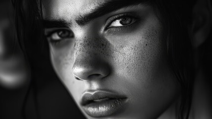 Close-Up Black and White Portrait of a Young Woman with Freckles