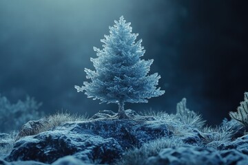 Winter Scene with Frosted Evergreen Tree
