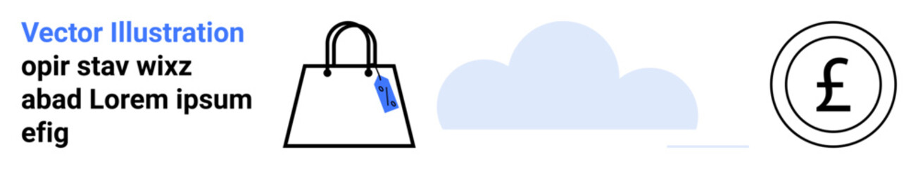 Shopping bag with tag beside pound currency symbol and cloud element, symbolizing e-commerce, retail, and cloud-based technology. Ideal for finance, shopping, e-commerce, economy, retail modern