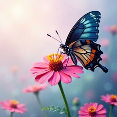 Naklejka premium Butterfly sipping nectar from a colorful flower, watercolor, nectar, flower