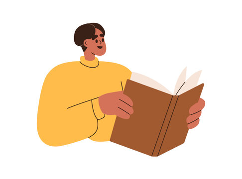 Man reading book. Happy smiling young male student, reader holding open textbook, studying literature, learning. Education, knowledge concept. Flat vector illustration isolated on white background