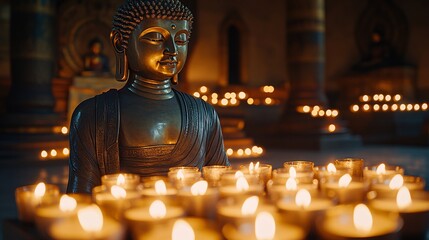Fototapeta premium tranquil buddha statue surrounded by glowing candles in serene setting