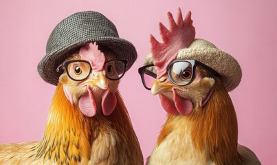 Two Stylish Chickens Wearing Hats and Glasses Against Pink Background