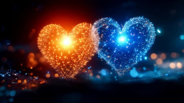 Two illuminated digital hearts composed of glowing nodes and lines, representing love, deep connections, and the fusion of emotions with technology.

