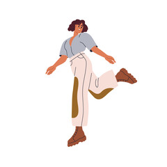 Happy woman in carefree flying pose. Smiling joyful female jumping, walking in air. Relaxed excited person enjoying movement, positive energy. Flat vector illustration isolated on white background