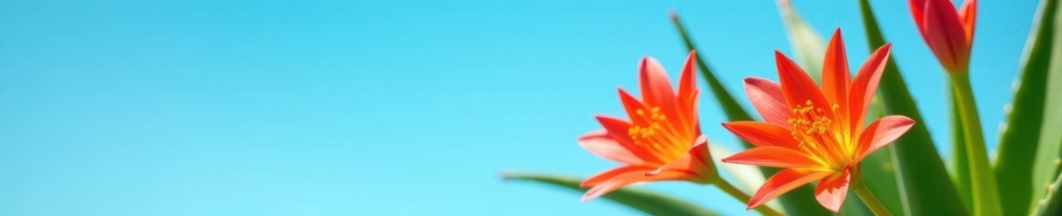 Fototapeta premium Vibrant aloe vera flowers bloom against a clear azure sky , healing, vertical, blue