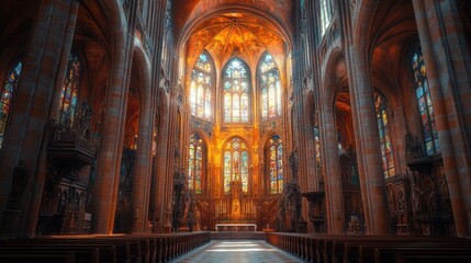 Obraz premium Gothic church interior, stained glass, sunlight, worship, travel