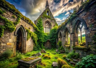 Obraz premium Crumbling Glory: An Abandoned Medieval Church in Decay - Stock Photo