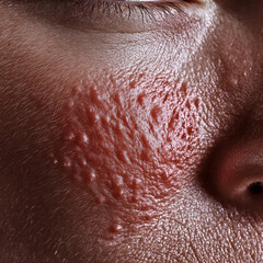 Fototapeta premium Extreme close-up of severe acne and inflamed skin on cheek.