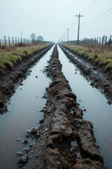 A muddy, waterlogged track stretches towards a hazy horizon, flanked by a wire fence and power lines under a pale sky.