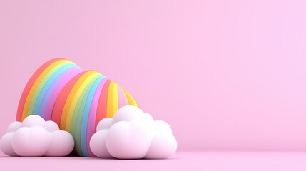 A vibrant rainbow arching over fluffy clouds set against a soft pink background, perfect for designs and decorations.