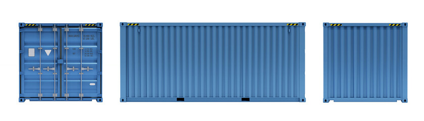 Blue 20-foot cargo container. Views from the front, side, and back for advertising purposes. Isolated. White background. 3D illustration © Orange Dragon Studio