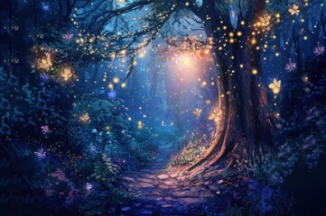 Naklejka premium Magical Forest Illustration with Glowing Butterflies at Night in Blue and Purple