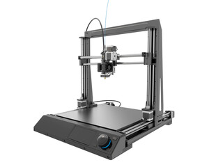 Black 3d printer model. Front view. Isolated on white background. 3d illustration.