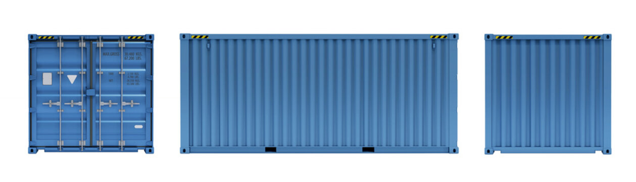 Blue 20-foot cargo container. Views from the front, side, and back for advertising purposes. Isolated. White background. 3D illustration