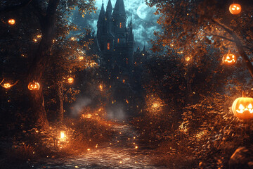 Fototapeta premium Mysterious Haunted House on a Foggy Halloween Night with Glowing Jack-o’-Lanterns, Flying Bats, and an Eerie Gothic Atmosphere