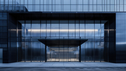 The entrance to a modern building with a glass facade and black metal frame.