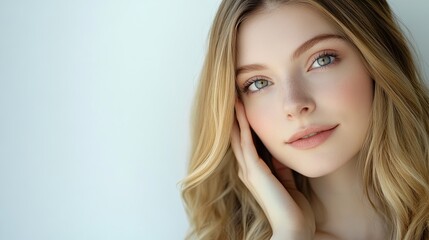 Naklejka premium A close-up portrait of a beautiful young woman with blonde long hair gently touching her face, and a serene expression, showcasing natural beauty and elegance and tranquility, professional studio port