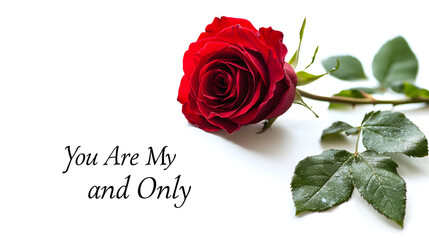 Valentine's Day card with a single red rose and "You Are My One and Only" message isolated on white background in HD