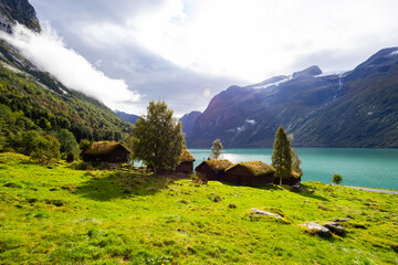 Traditional houses in Lovatnet lake valley in south Norway, Europe