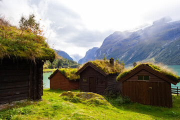 Traditional houses in Lovatnet lake valley in south Norway, Europe