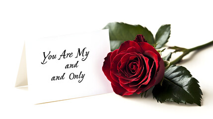 Valentine's Day card with a single red rose and "You Are My One and Only" message isolated on white background in HD
